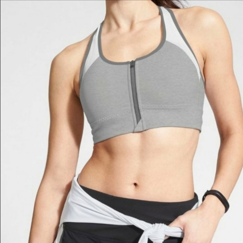 Athleta Zip It Blue-Gray / White Mesh Stealth Medium Impact Sports Bra - Small